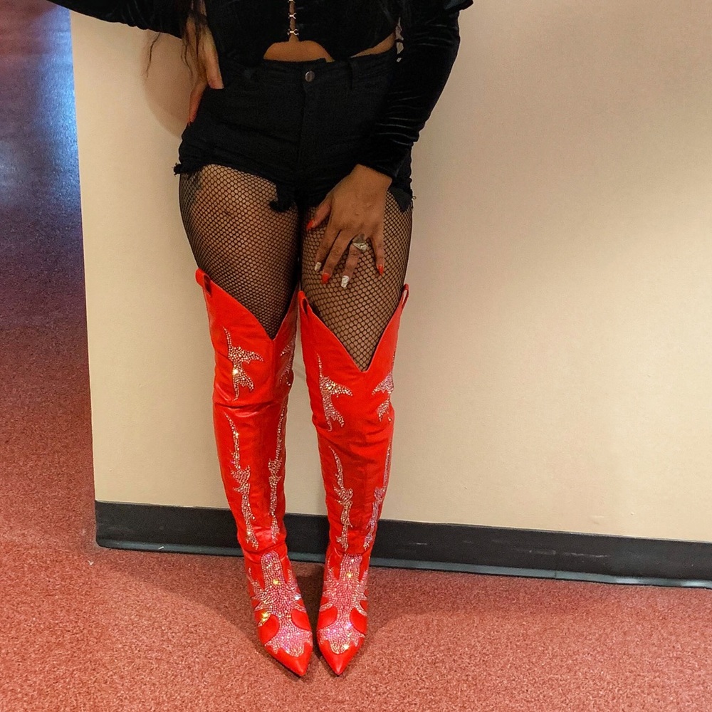 Thigh high red cowboy boots from Dollskill